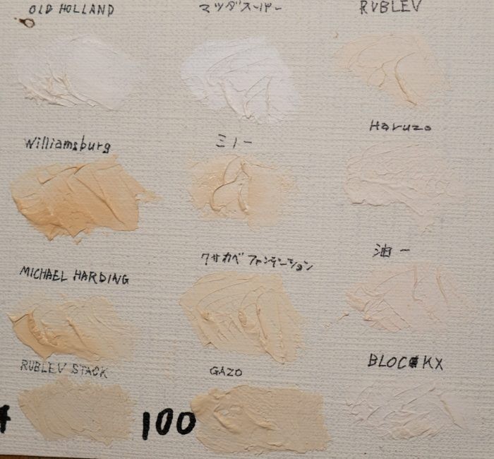 各社鉛白暗所黄変比較サンプル